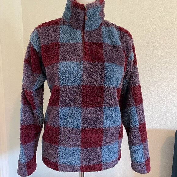 EDDIE bauer faux fur quarter zip plaid blue/Dark pink zip size XS - Picture 1 of 9